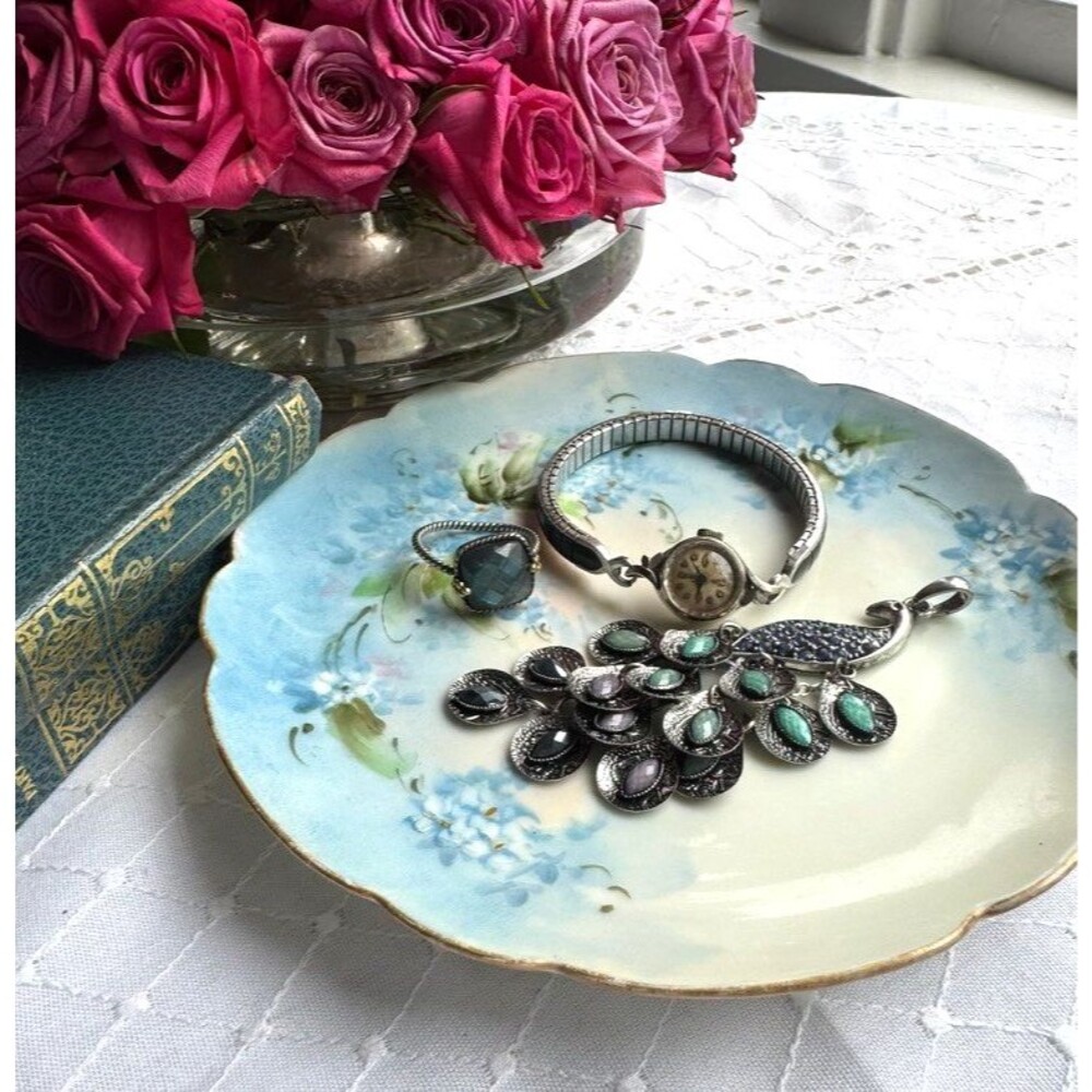 Antique Haviland France Hand Painted Blue Forget Me Not Trinket Plate 6" Limoges